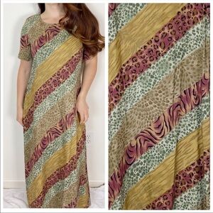 VINTAGE TEDDI Safari Animal Print Maxi Dress Lagenlook Colorblock Medium